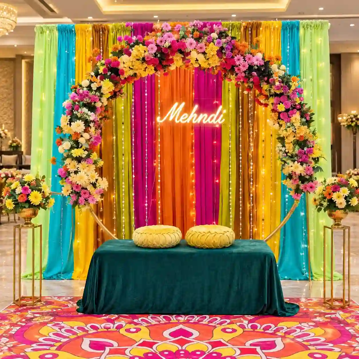 Rangilo Floral Haldi Backdrop Setup 